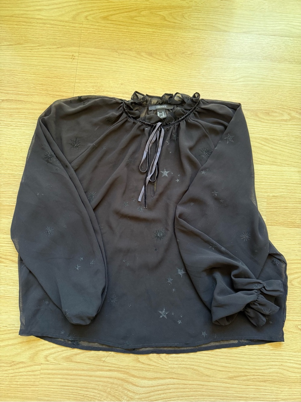 Forever 21 Black Star-Detail Ruffle Tie Blouse